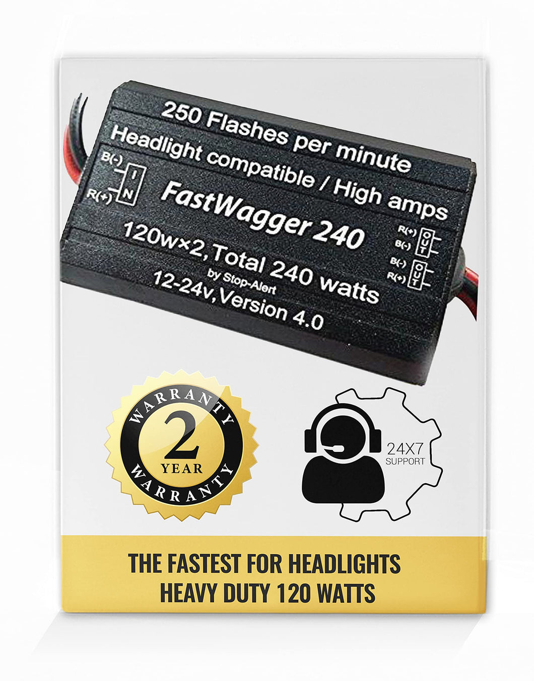 FastWagger 240w - Headlight Safety alternating flasher module electronic Wig Wag strobe controller relay - LED Incandescent Xenon Halogen HID Car Police Emergency Trucks 10A 12-24V 250FPM Stop-Alert